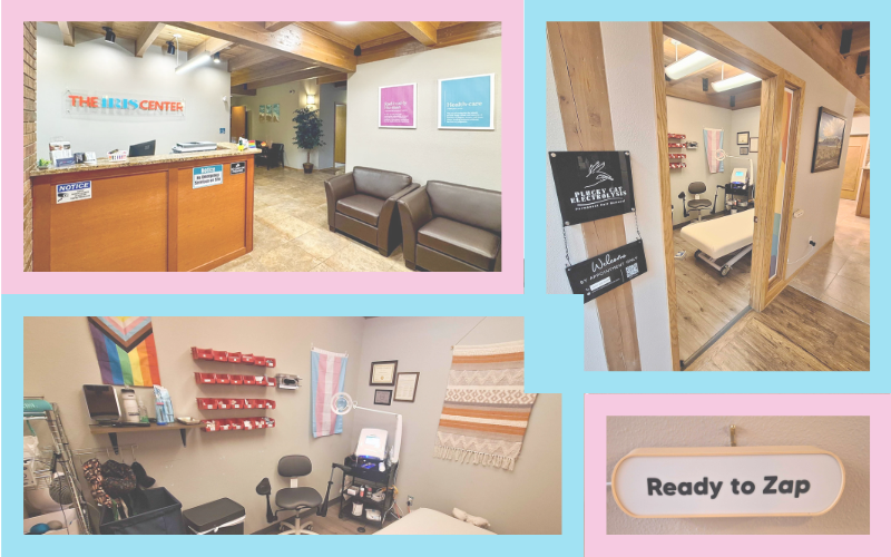 A photo collage of the Iris Center and Plucky Cat's office space within it. From left: front desk, electrolysis exam room, and 'ready to zap' light up sign. 