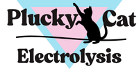 Logo: Plucky Cat Electrolysis - A inverted pink triangle and blue circle with a black cat